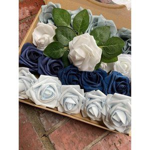 25 Piece Set | Dusty Pale Blue Navy White Roses Wedding Bouquet Centerpiece